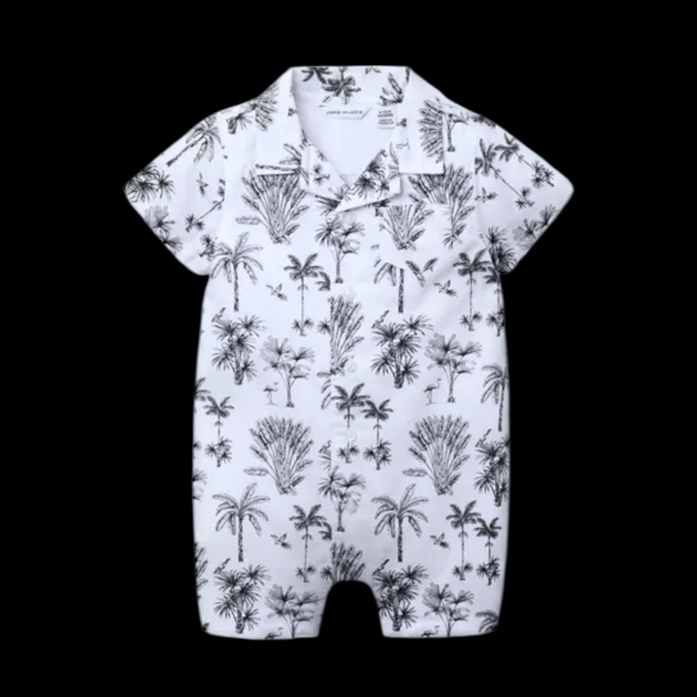 Janie & Jack Tropical Palm Toile Print Poplin Romper